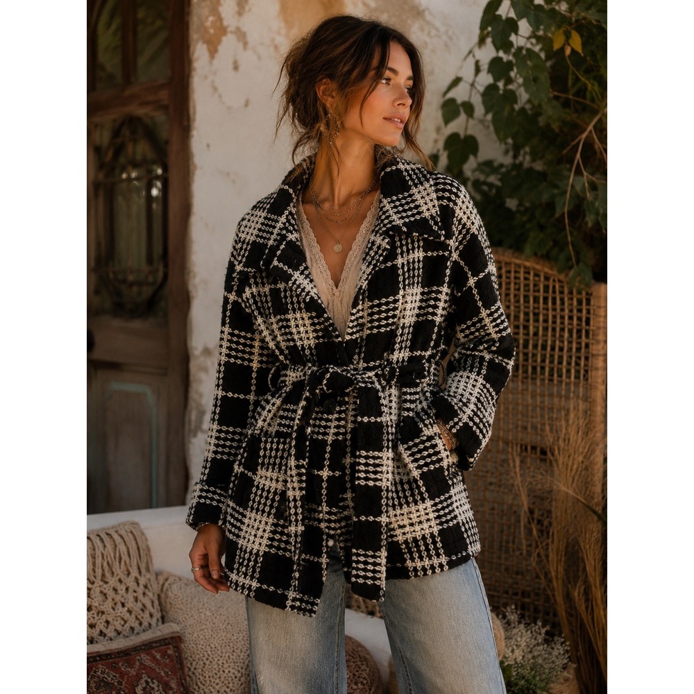 Poetry Black and White Checkered Trench Coat‎